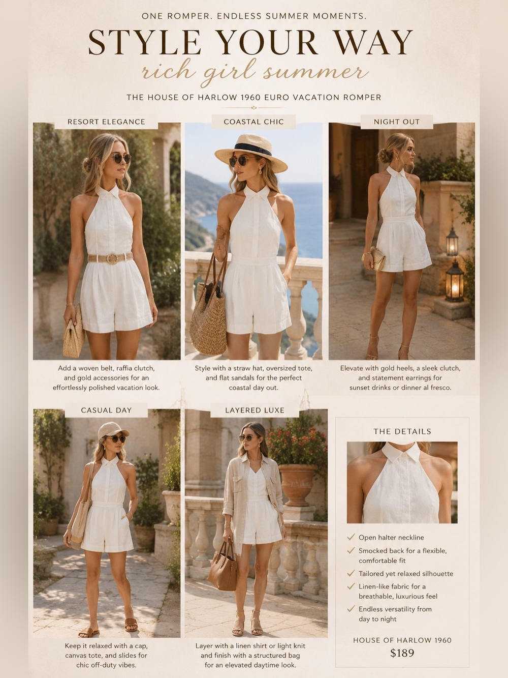 SOLD✨ Rich Girl Summer Romper | House of Harlow 1960 Cream Halter • Euro Resort - Picture 3 of 6